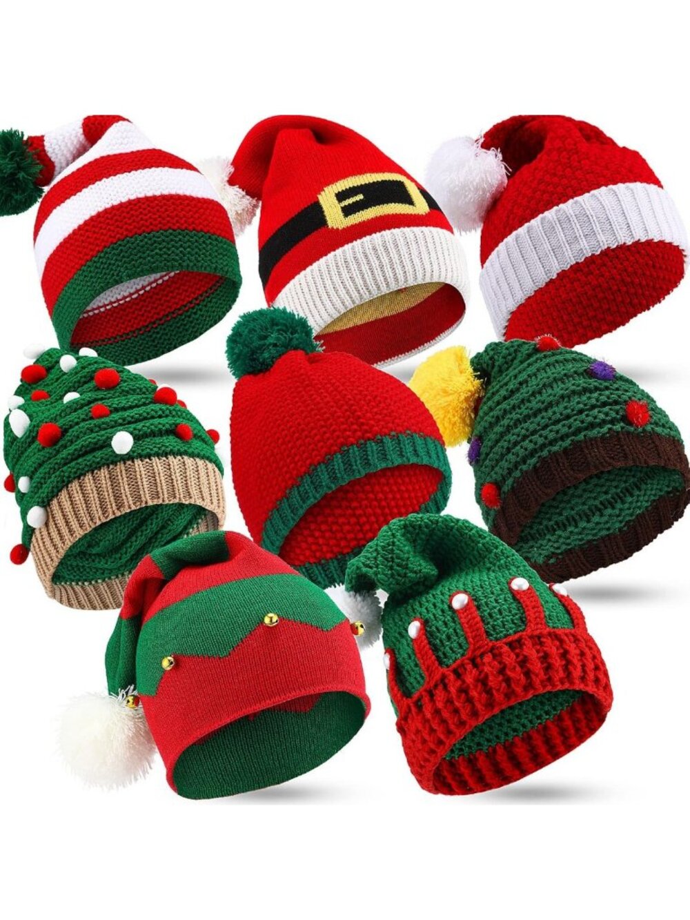 8 Pcs Christmas Santa Hats for Adults - Cozy Knit Beanie Set for Holiday Fun